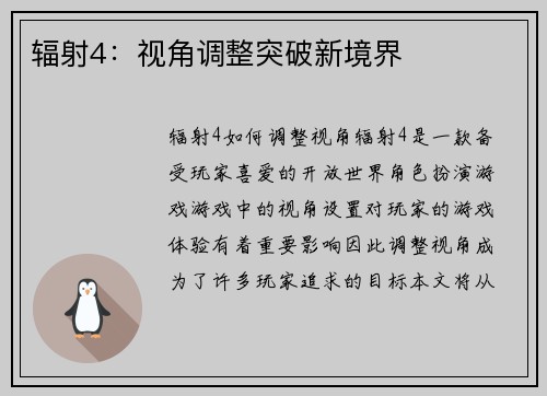 辐射4：视角调整突破新境界
